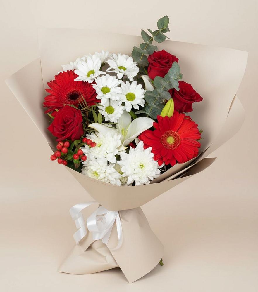 Букет цветов из: Розы, Хризантемы, Герберы и Лилии в Дергачах