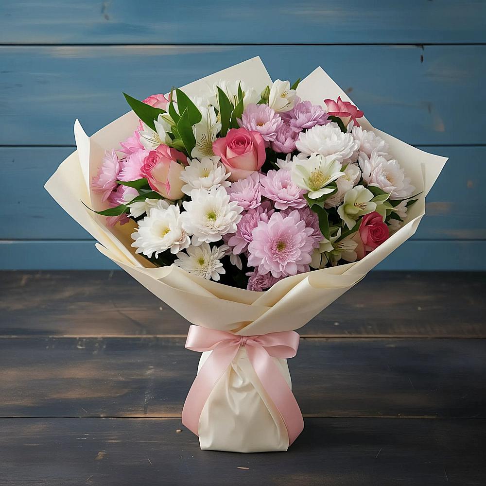 Букет цветов из: Хризантемы, Альстромерии и Розы в Дергачах